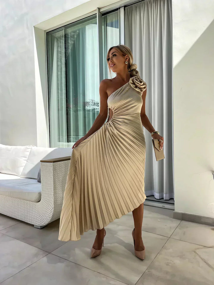 Rosalind | One Shoulder Womens Pleated Midi Dress with Rosette