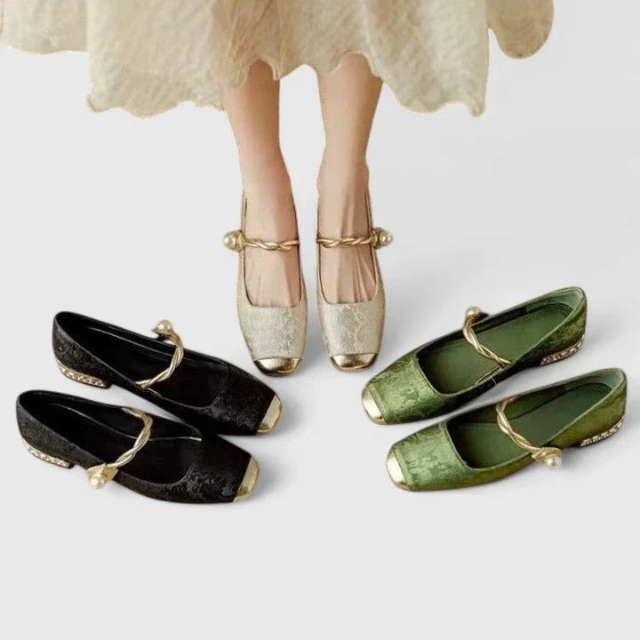 Luelle | Velvet Pearl Strap Cap Toe Mary Jane Flats