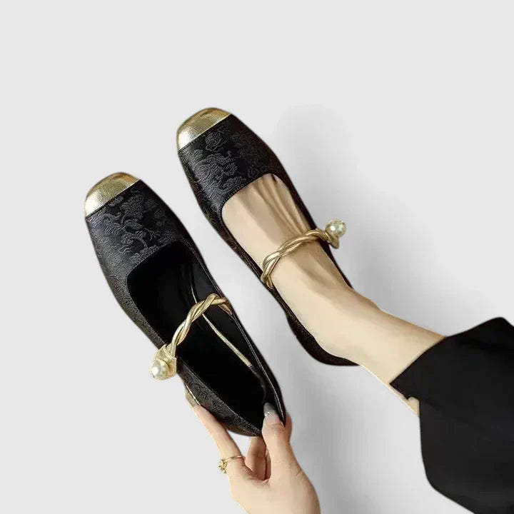 Luelle | Velvet Pearl Strap Cap Toe Mary Jane Flats