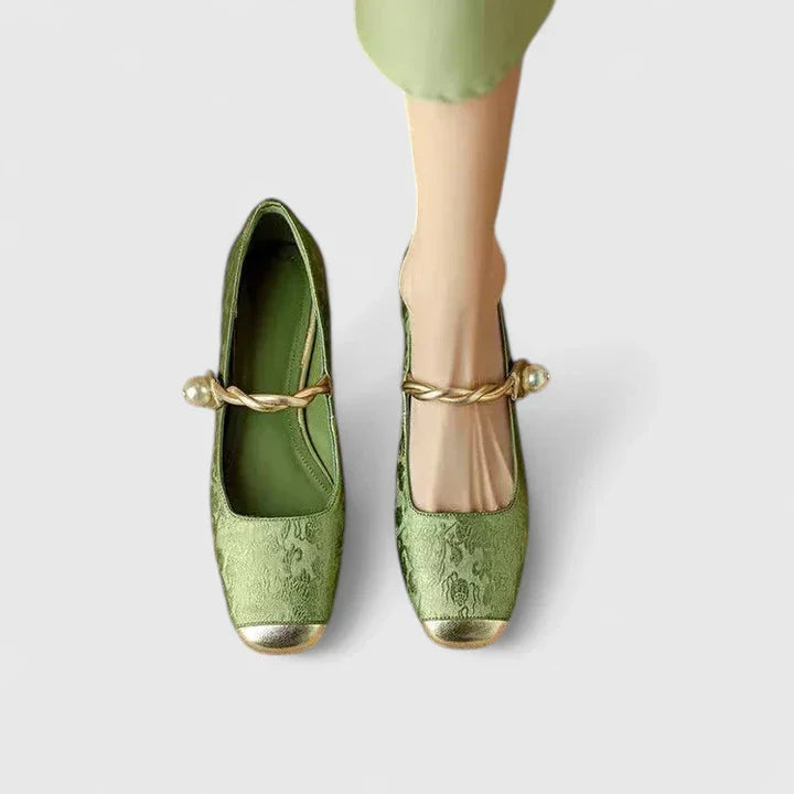 Luelle | Velvet Pearl Strap Cap Toe Mary Jane Flats