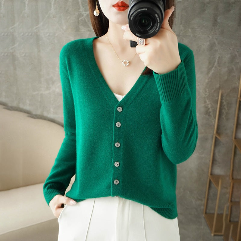 Genevieve | Women's V-Neck Button-Front Cardigan – Fitted Long Sleeve Design