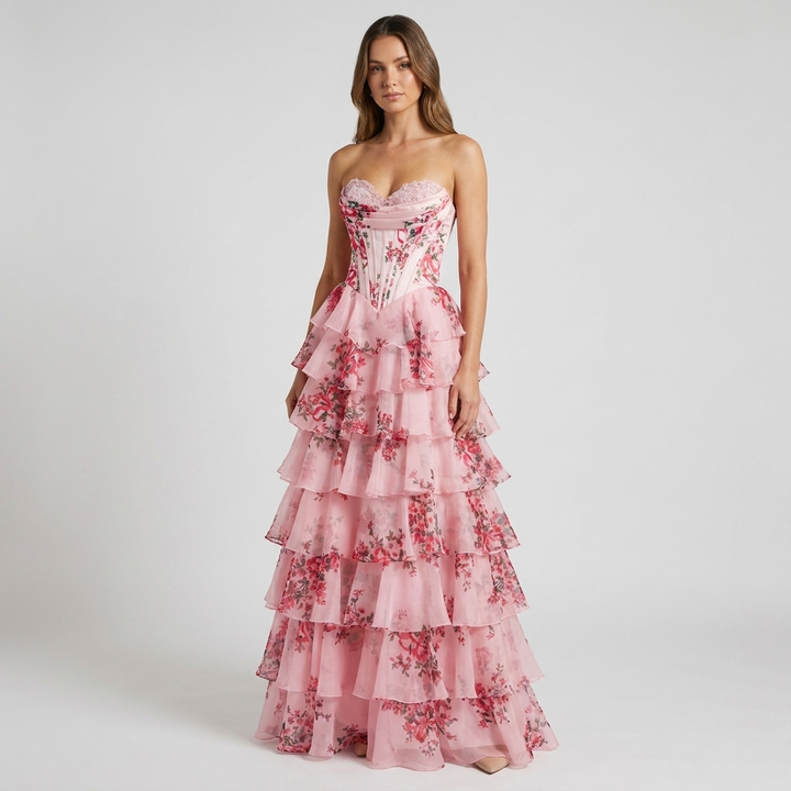Celestine | Floral Corset Tiered Wedding Guest Dress