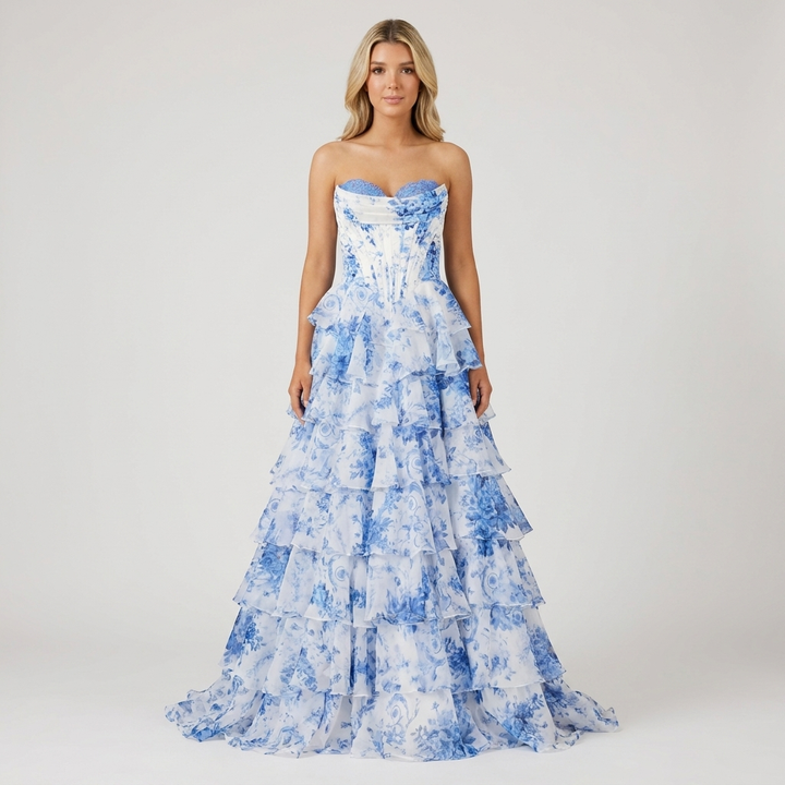 Celestine | Floral Corset Tiered Wedding Guest Dress