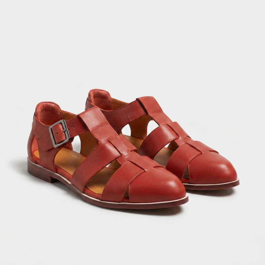 Petra | Woven Cage Buckle Strap Orthopedic Flats in Leather