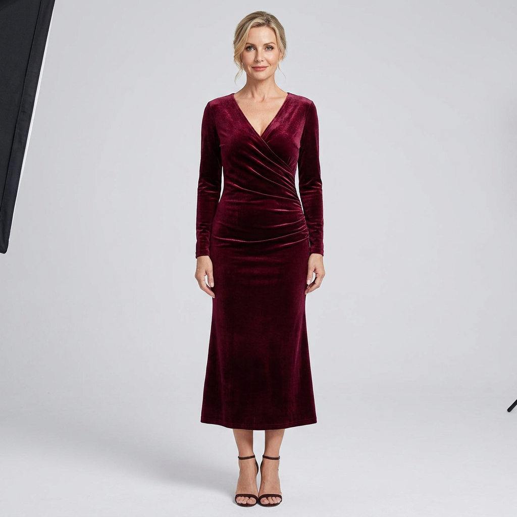Womens Velvet Long Sleeve V-Neck Midi Dress Formal 5