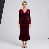 Womens Velvet Long Sleeve V-Neck Midi Dress Formal