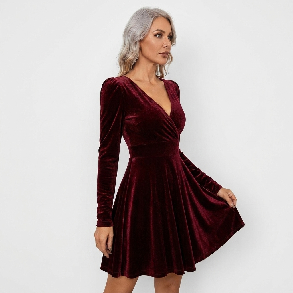 Womens Velvet Long Sleeve V-Neck Skater Dress Mini 9