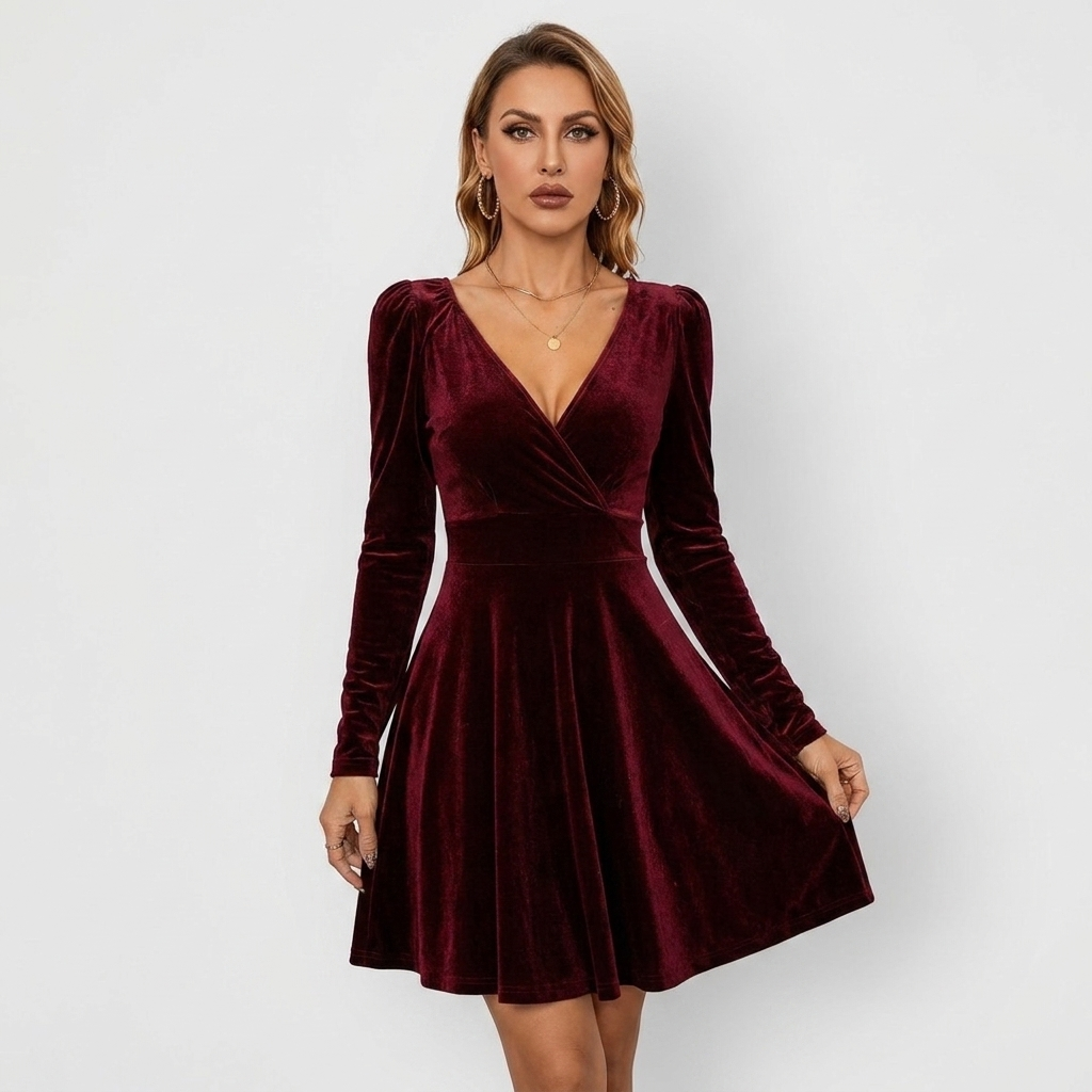 Womens Velvet Long Sleeve V-Neck Skater Dress Mini 8