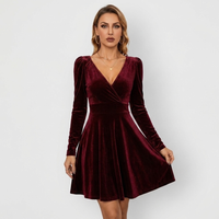Womens Velvet Long Sleeve V-Neck Skater Dress Mini