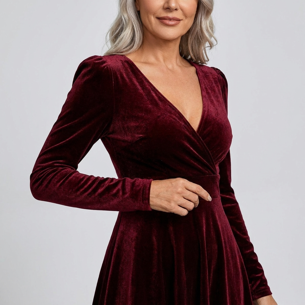 Womens Velvet Long Sleeve V-Neck Skater Dress Mini 10