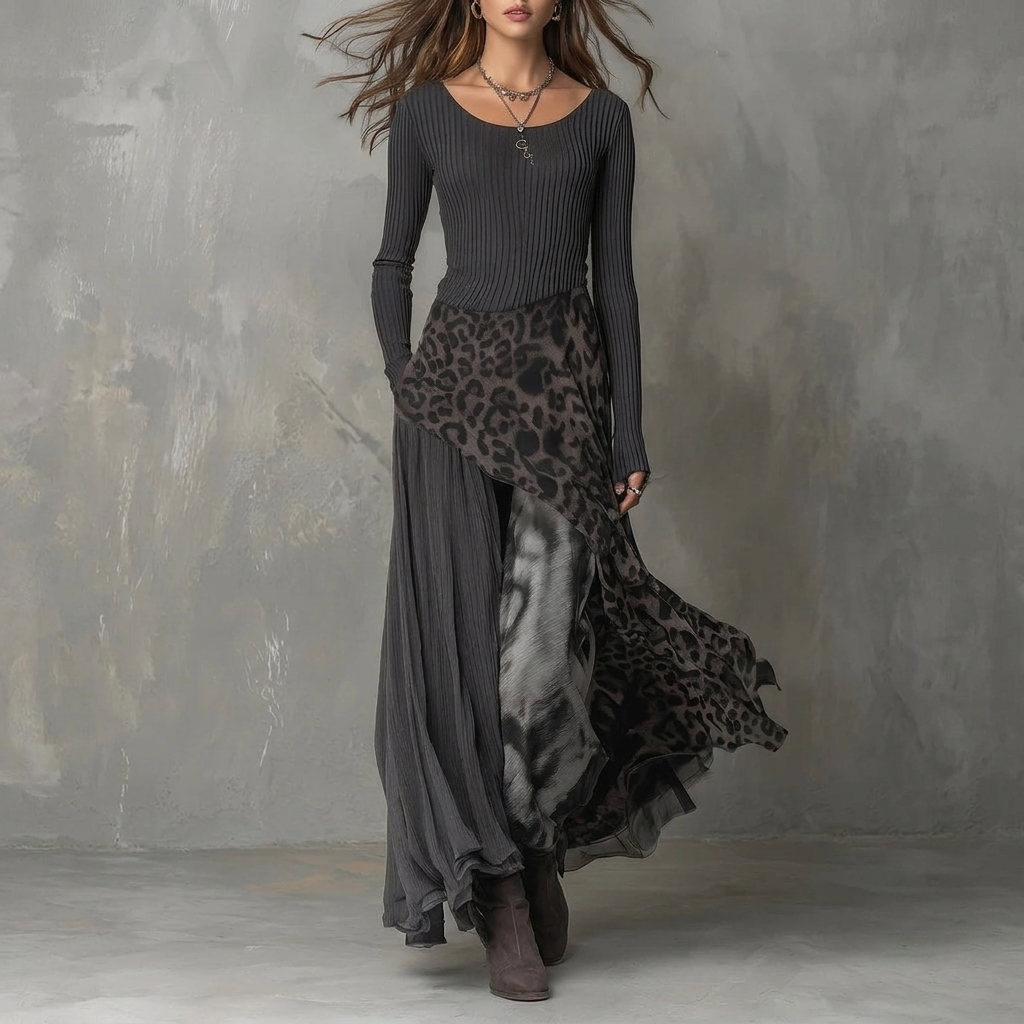 Womens Bohemian Long Sleeve Maxi Dress Leopard Print Knit 5