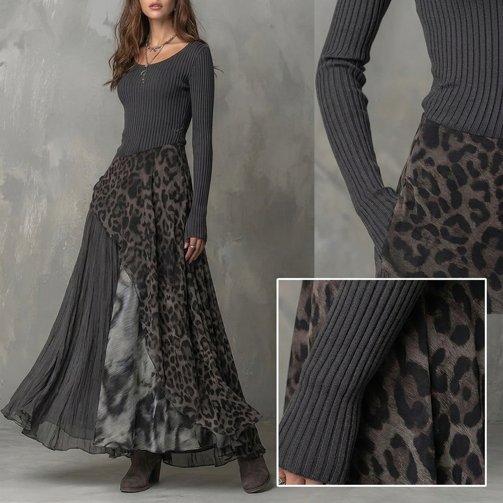 Womens Bohemian Long Sleeve Maxi Dress Leopard Print Knit 6