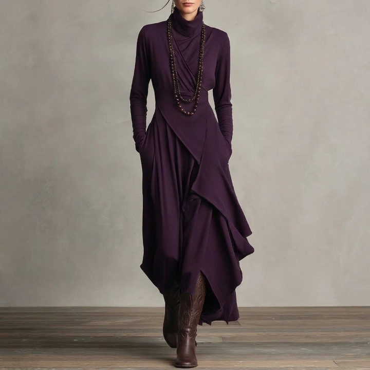 Womens Draped Turtleneck Long Sleeve Maxi Dress Soft Fabric 8