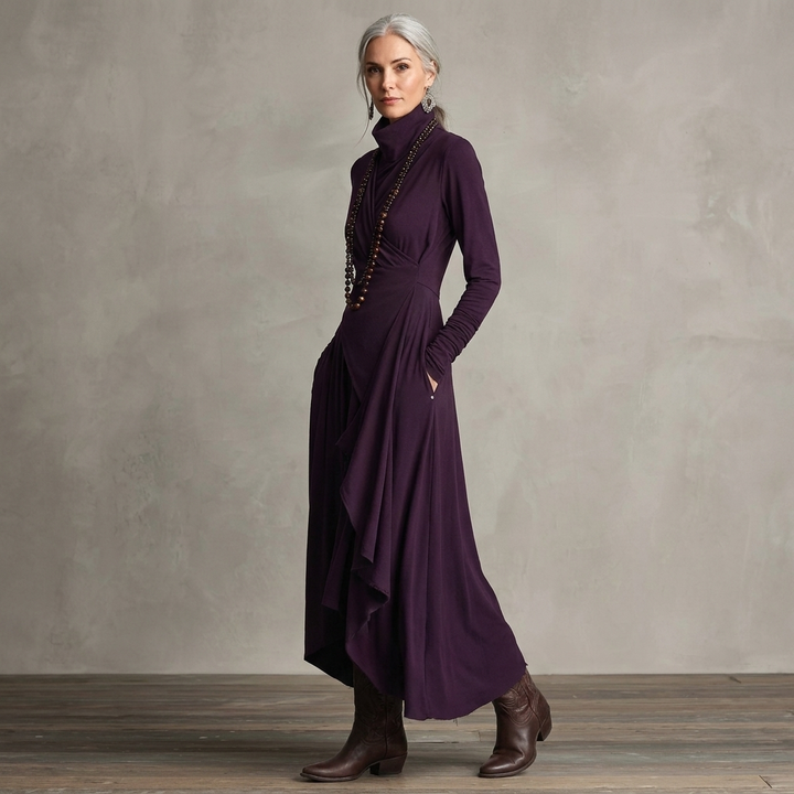 Womens Draped Turtleneck Long Sleeve Maxi Dress Soft Fabric 9
