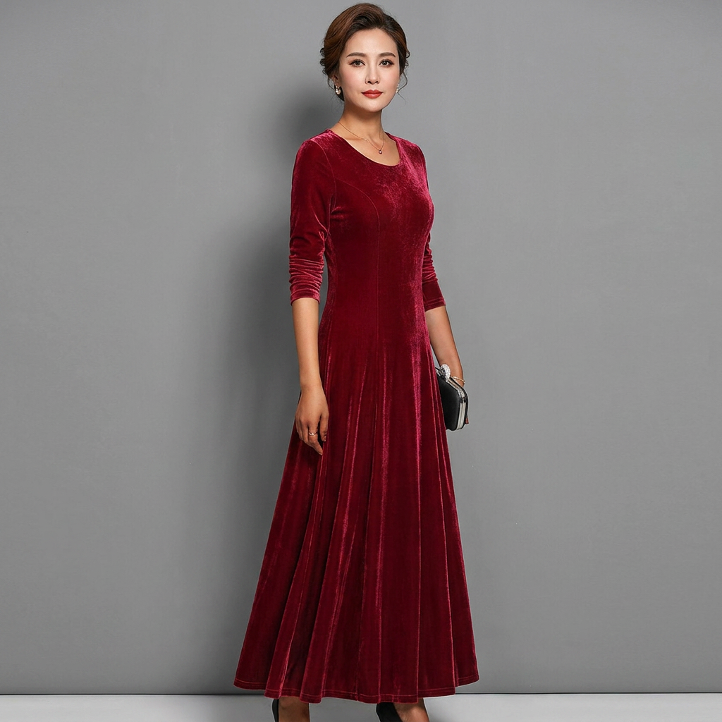 Womens Formal Long Sleeve Maxi Dress Velvet A-Line 10