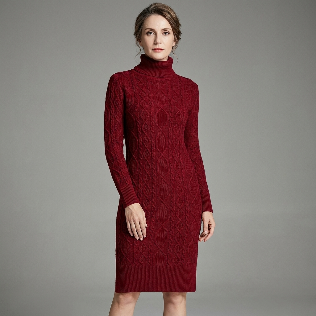 Womens Cable-Knit Long Sleeve Turtleneck Midi Dress Wool Blend 4