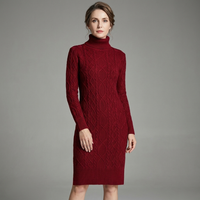 Womens Cable-Knit Long Sleeve Turtleneck Midi Dress Wool Blend