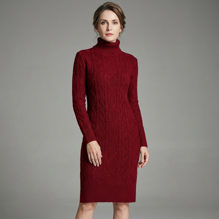 Womens Cable-Knit Long Sleeve Turtleneck Midi Dress Wool Blend 4