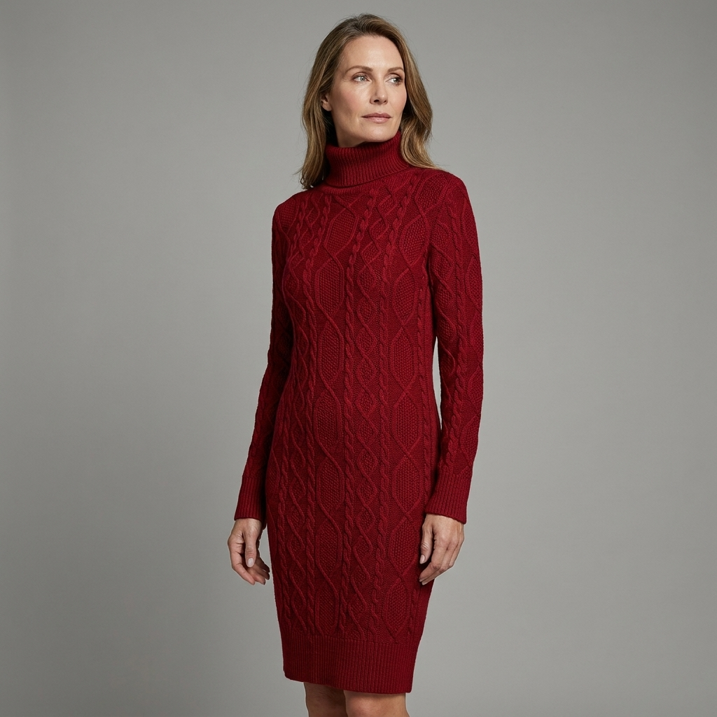 Womens Cable-Knit Long Sleeve Turtleneck Midi Dress Wool Blend 5