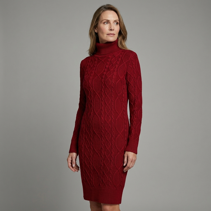 Womens Cable-Knit Long Sleeve Turtleneck Midi Dress Wool Blend 5