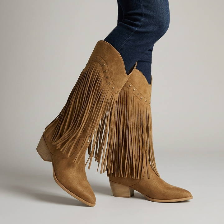 Womens Casual Knee High Pointed Toe Fringe Boots Suede 4