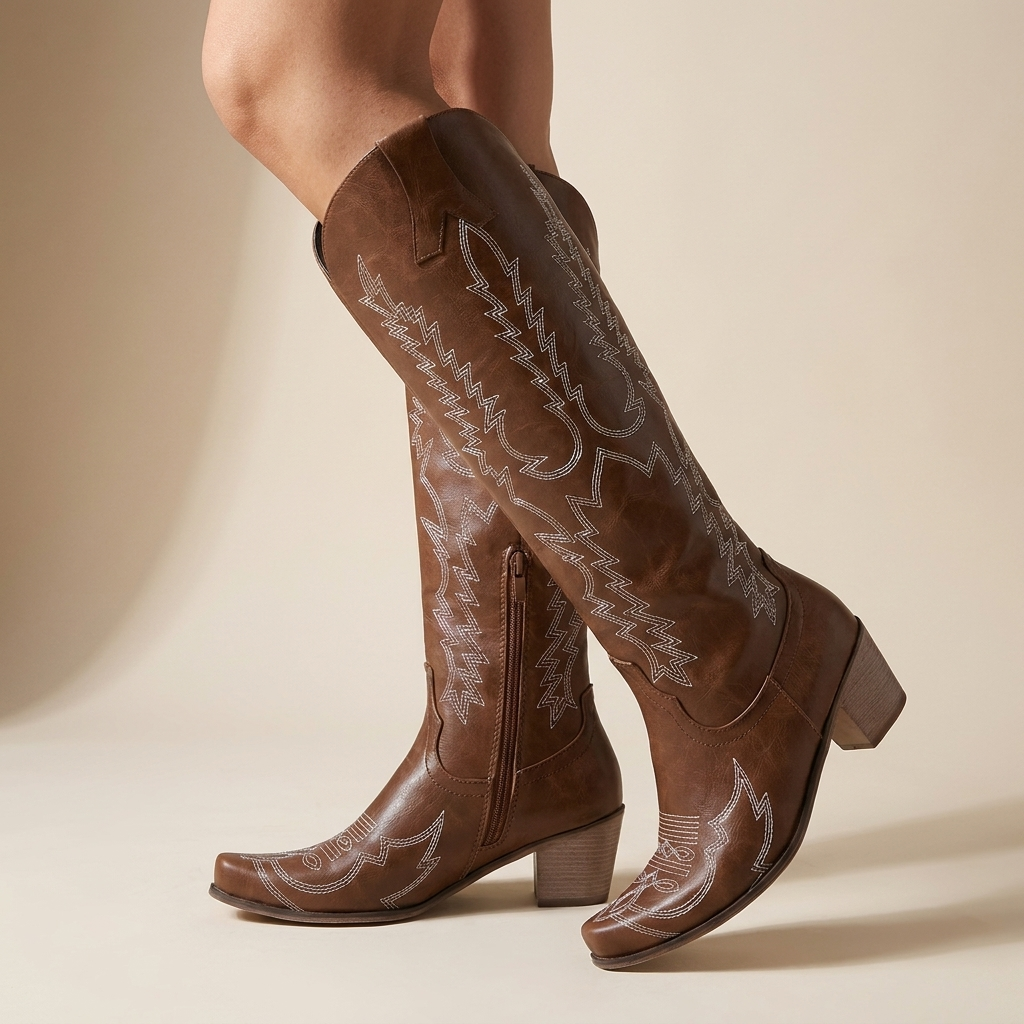 Womens Western Embroidered Knee High Boots Block Heel 5