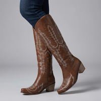 Womens Western Embroidered Knee High Boots Block Heel