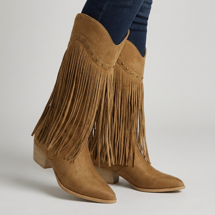 Womens Casual Knee High Pointed Toe Fringe Boots Suede 6
