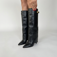 Womens Elegant Knee High Black Boots Leather Comfort