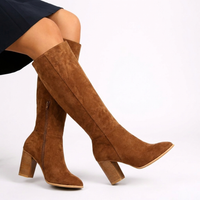 Womens Elegant Knee High Block Heel Boots Suede-Look