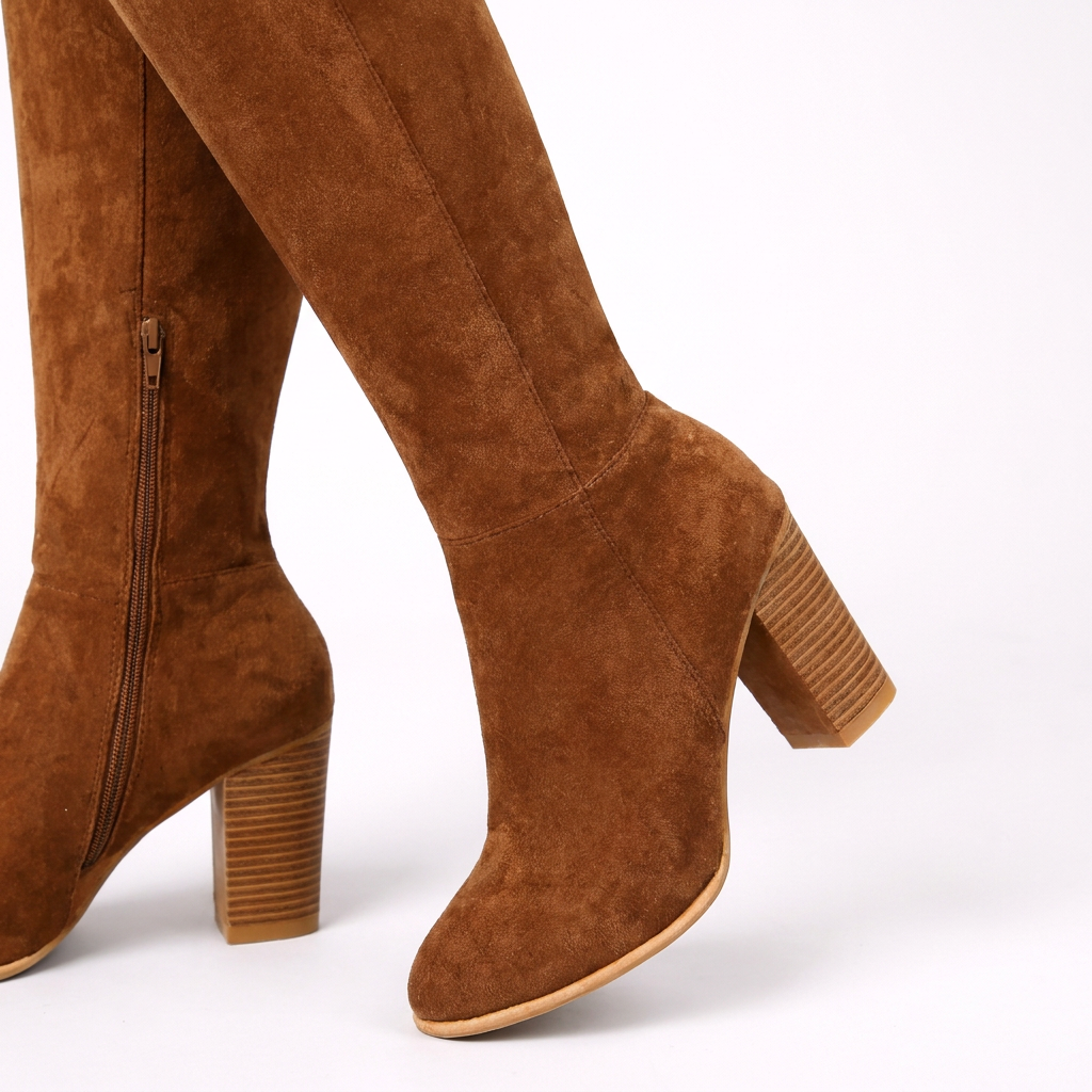 Womens Elegant Knee High Block Heel Boots Suede-Look 7