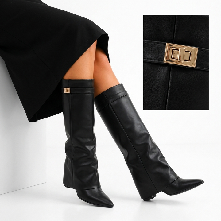 Womens Elegant Pointed Toe Black Knee High Boots Vegan Leather 5