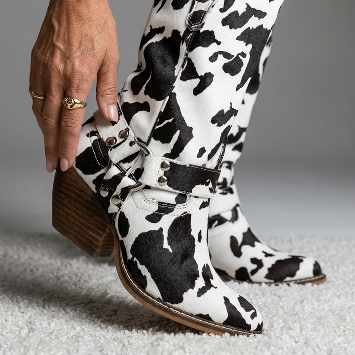 Womens Western Cow-Print Pointed Toe Boots Leather 6