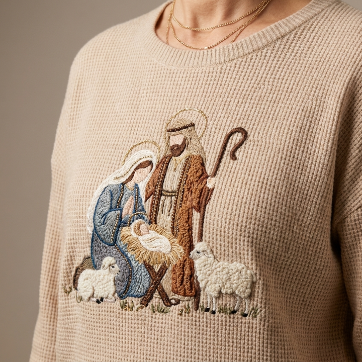 Womens Christmas Jumper Nativity Embroidered Cotton Top 8