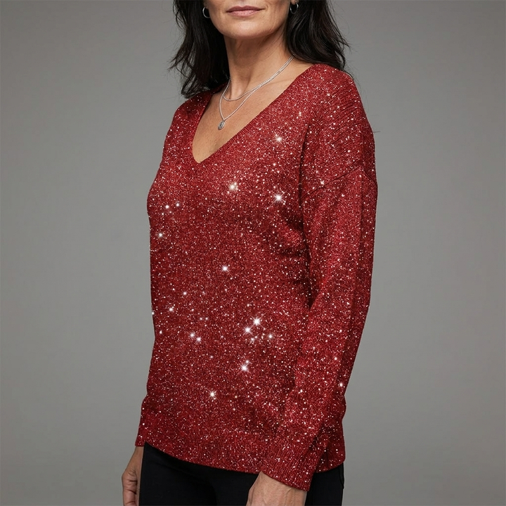 Womens Christmas Jumper Sequin V-Neck Sparkle Knit 10