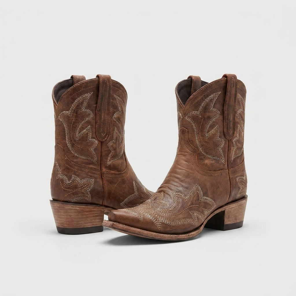 Womens Cowboy Embroidered Block Heel Ankle Boots Brown