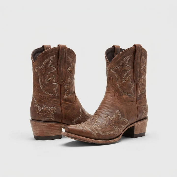 Womens Cowboy Embroidered Block Heel Ankle Boots Brown