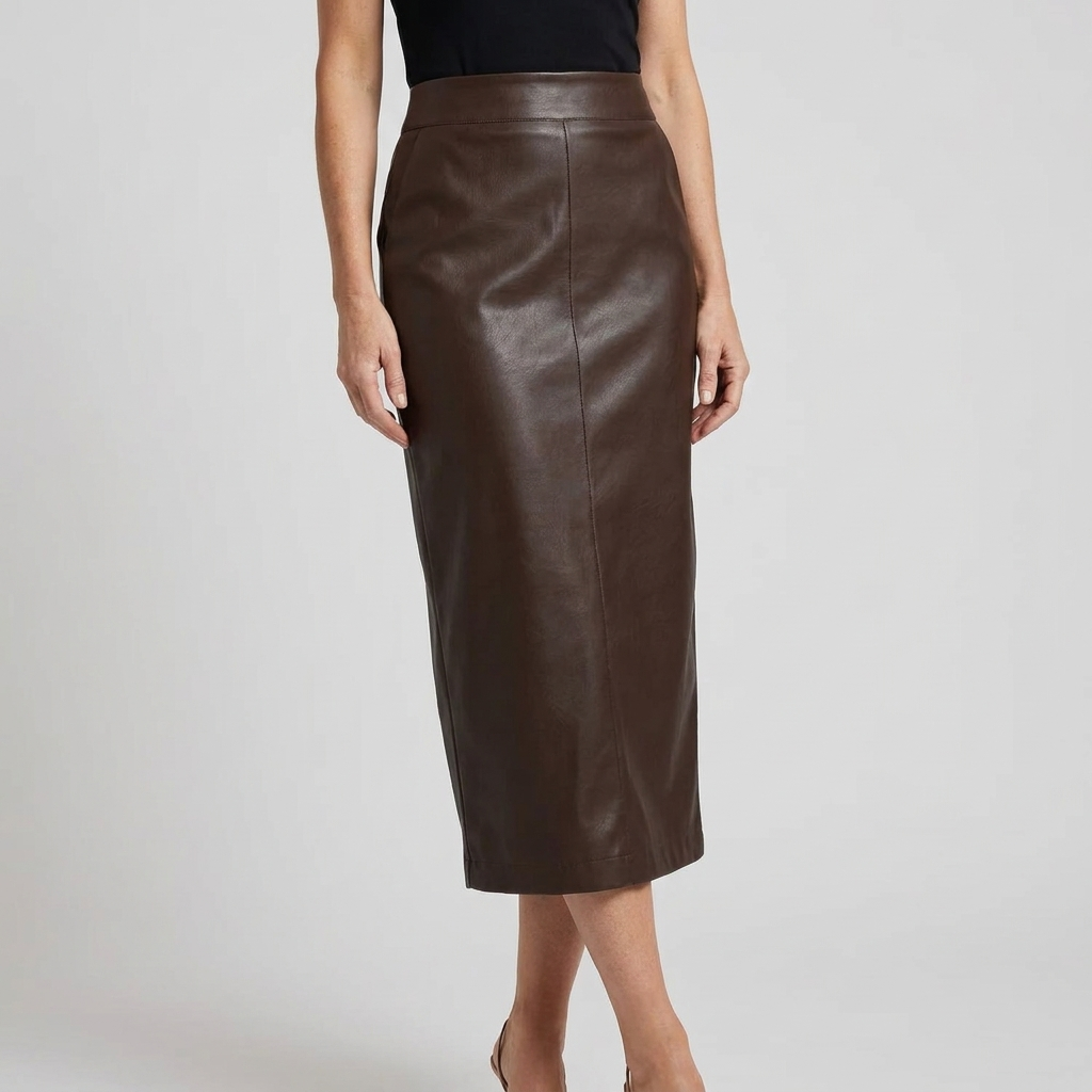 Womens Fitted High Waist Midi Skirt Faux Leather 8