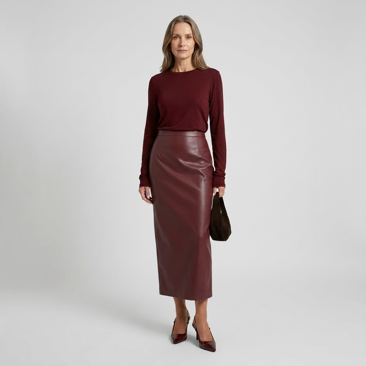 Womens Fitted High Waist Midi Skirt Faux Leather 10