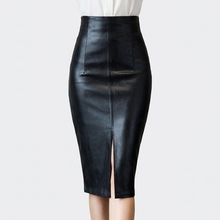 Womens Tailored Pencil Black Leather Midi Skirt 3