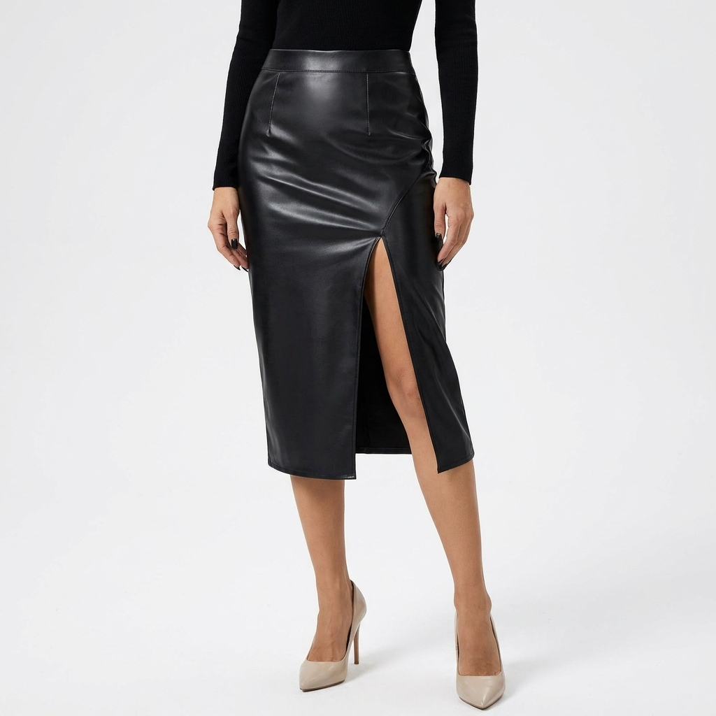 Womens Elegant High Slit Midi Skirt Faux Leather 8