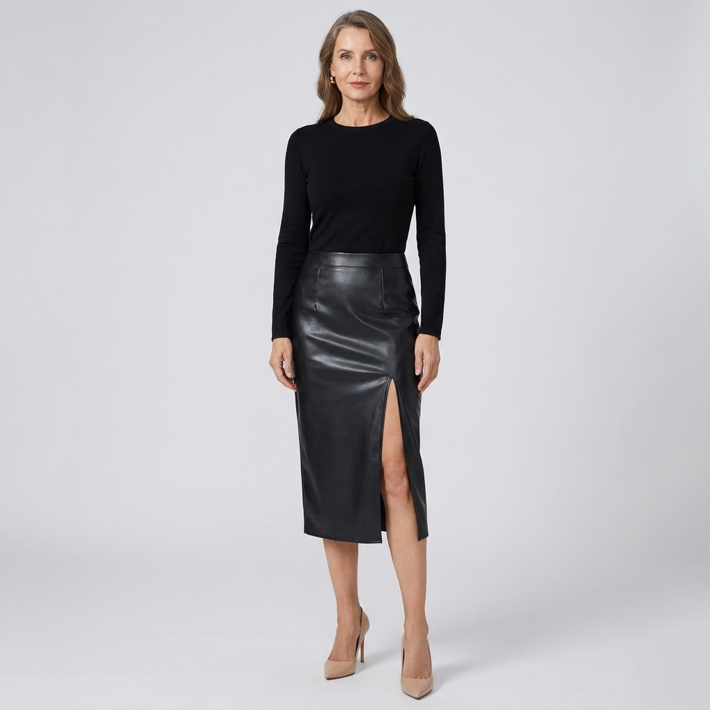 Womens Elegant High Slit Midi Skirt Faux Leather 6