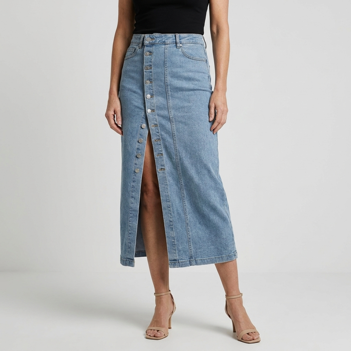 Womens Denim Button Front High Waist Midi Skirt 10