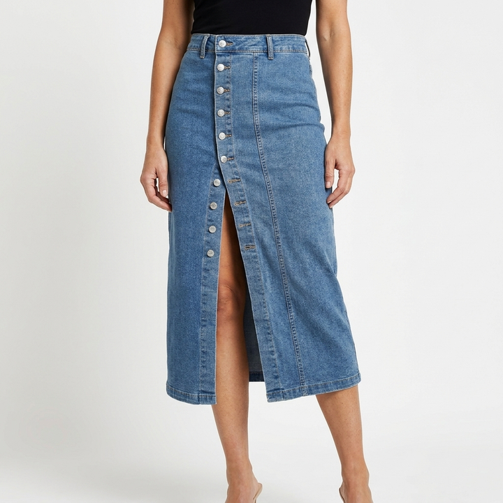 Womens Denim Button Front High Waist Midi Skirt 8