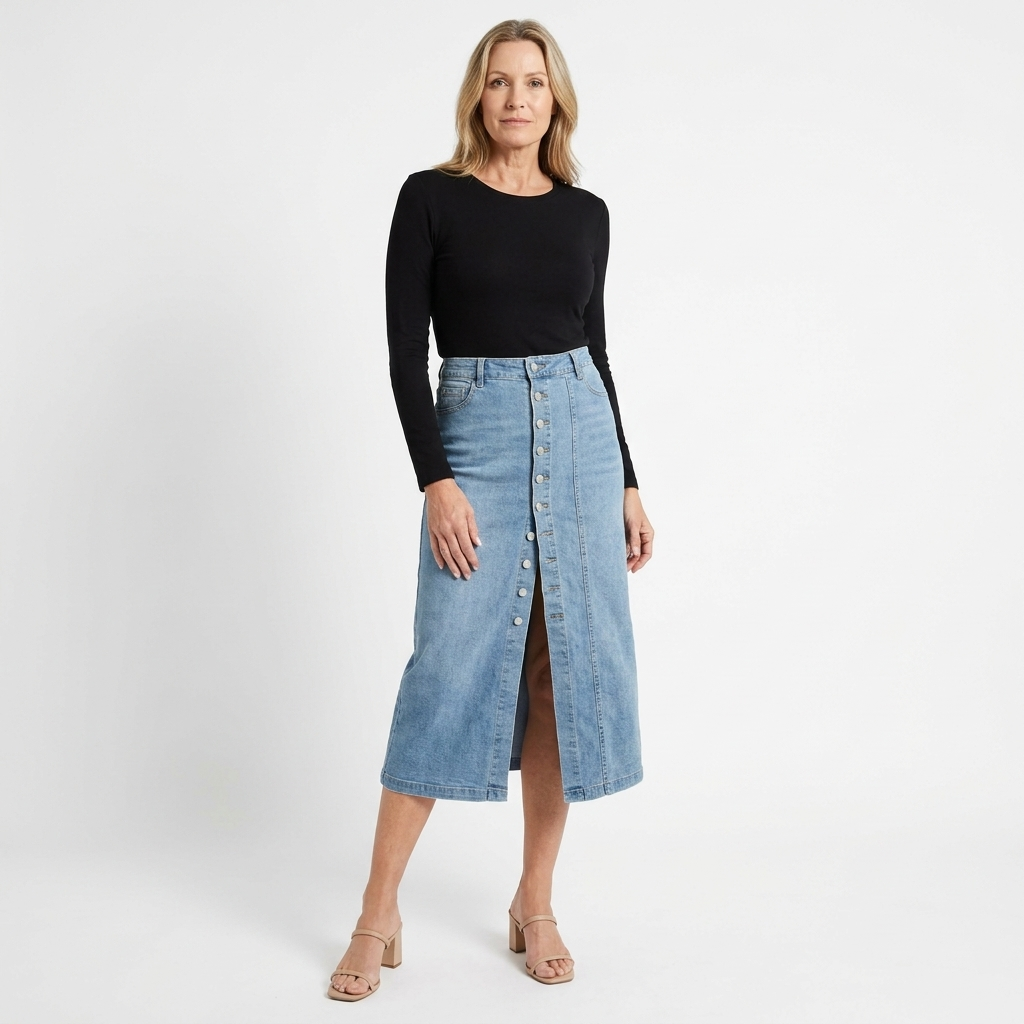 Womens Denim Button Front High Waist Midi Skirt 9