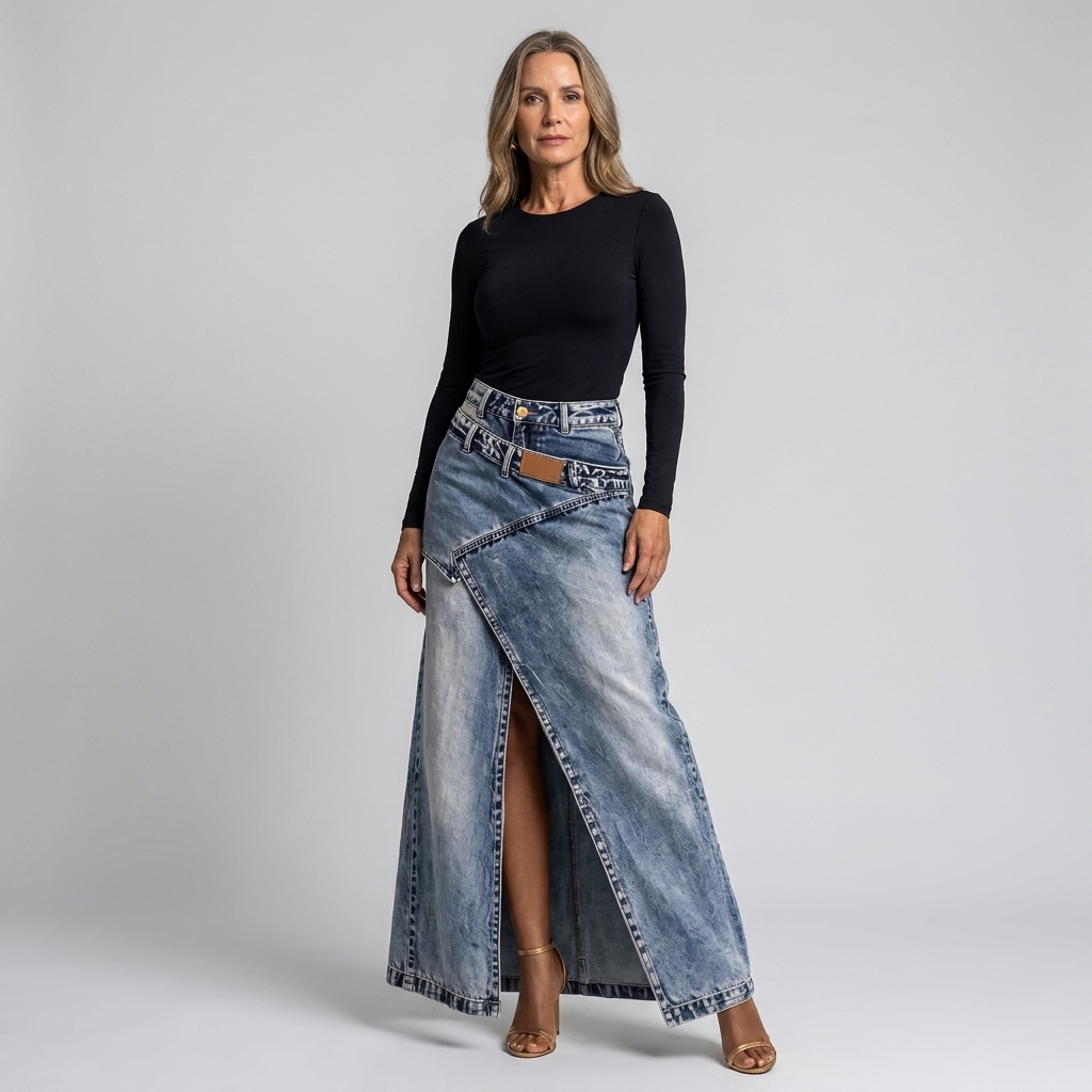 Womens Asymmetric Wrap Maxi Denim Skirt With Front Slit 6