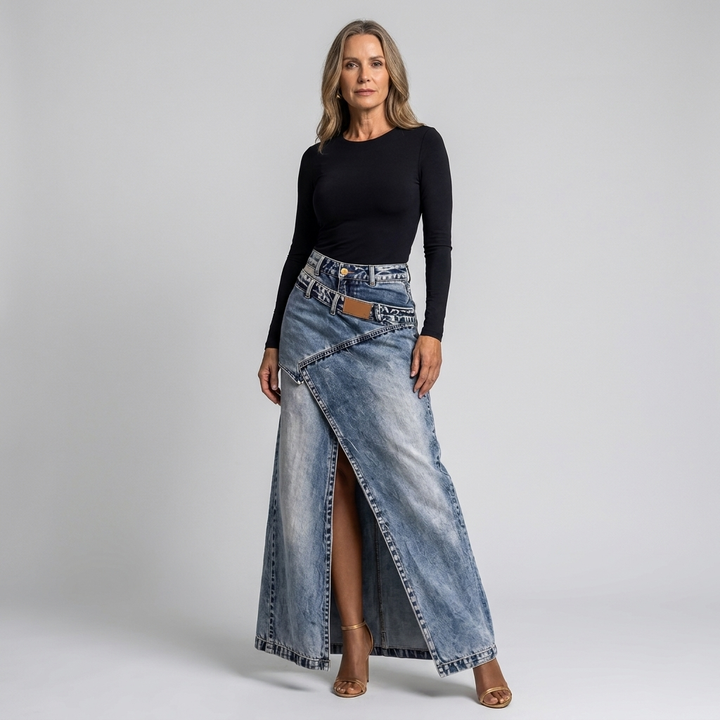 Womens Asymmetric Wrap Maxi Denim Skirt With Front Slit 6