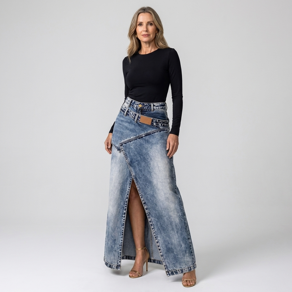 Womens Asymmetric Wrap Maxi Denim Skirt With Front Slit 7