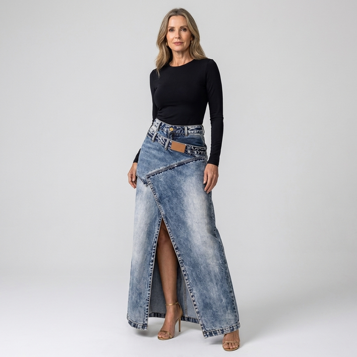 Womens Asymmetric Wrap Maxi Denim Skirt With Front Slit 7