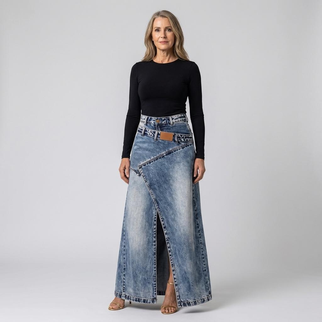 Womens Asymmetric Wrap Maxi Denim Skirt With Front Slit 8
